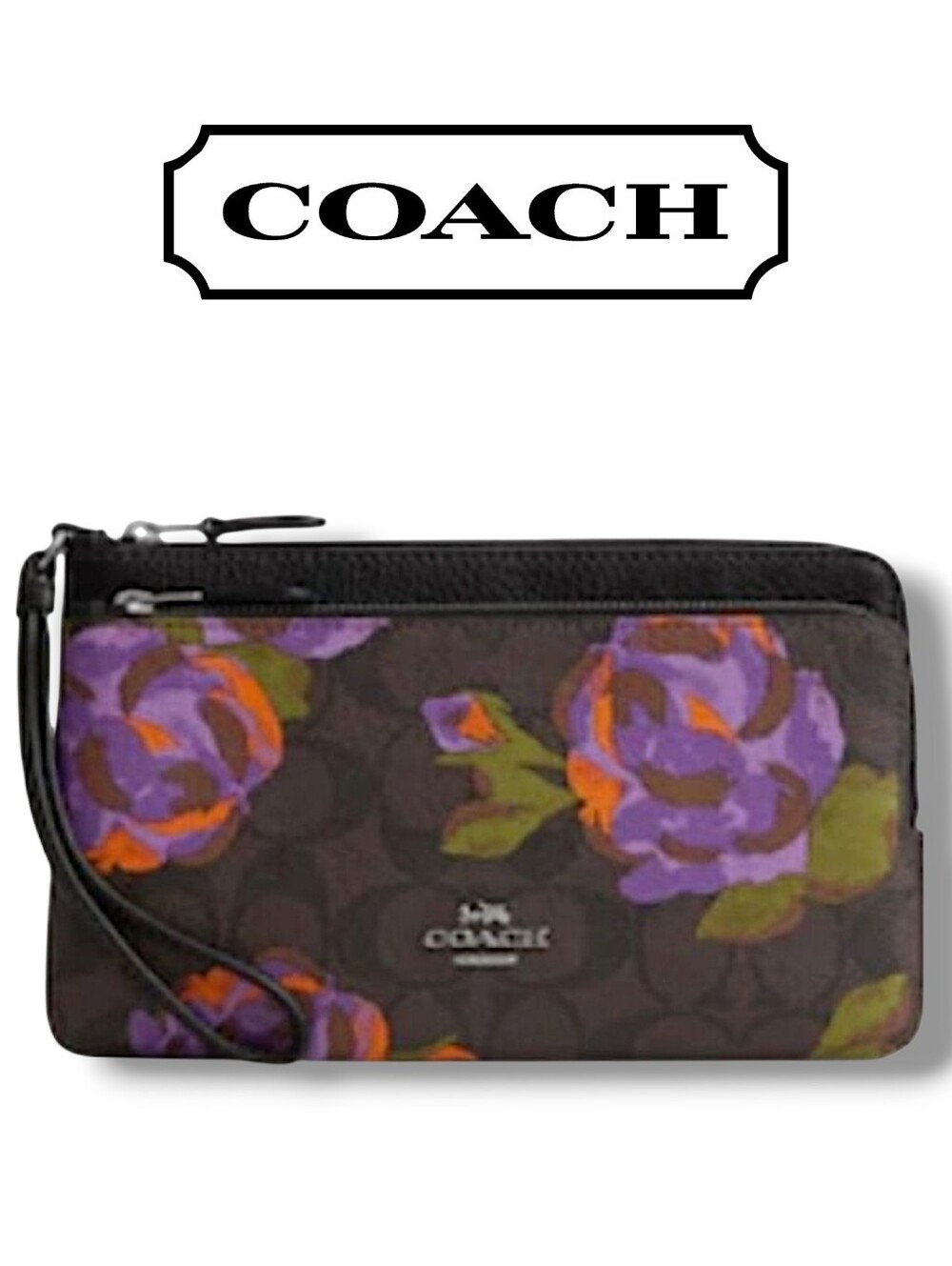 Coach Double Zip Orange & Purple Jumbo Floral Blooms Signature C Wallet/Wristlet